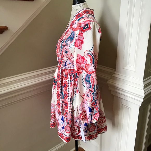 NWT Goodnight Macaroon Lola Dress Womens Small Red Blue Long Sleeve V-Neck Belt - Picture 8 of 12